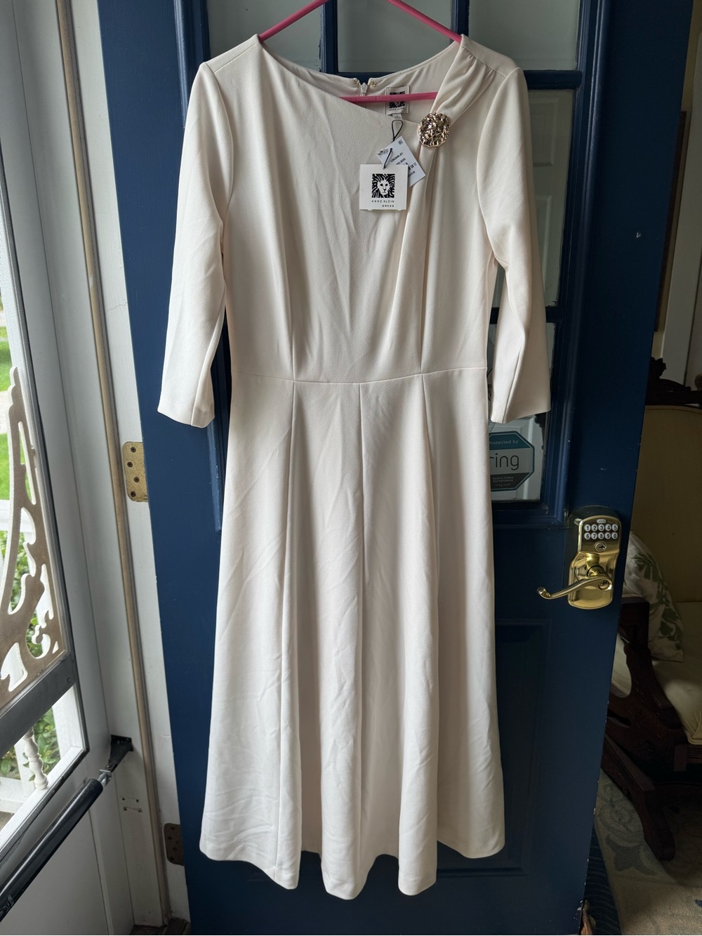Anne Klein Cream Midi Dress with Decorative Brooch